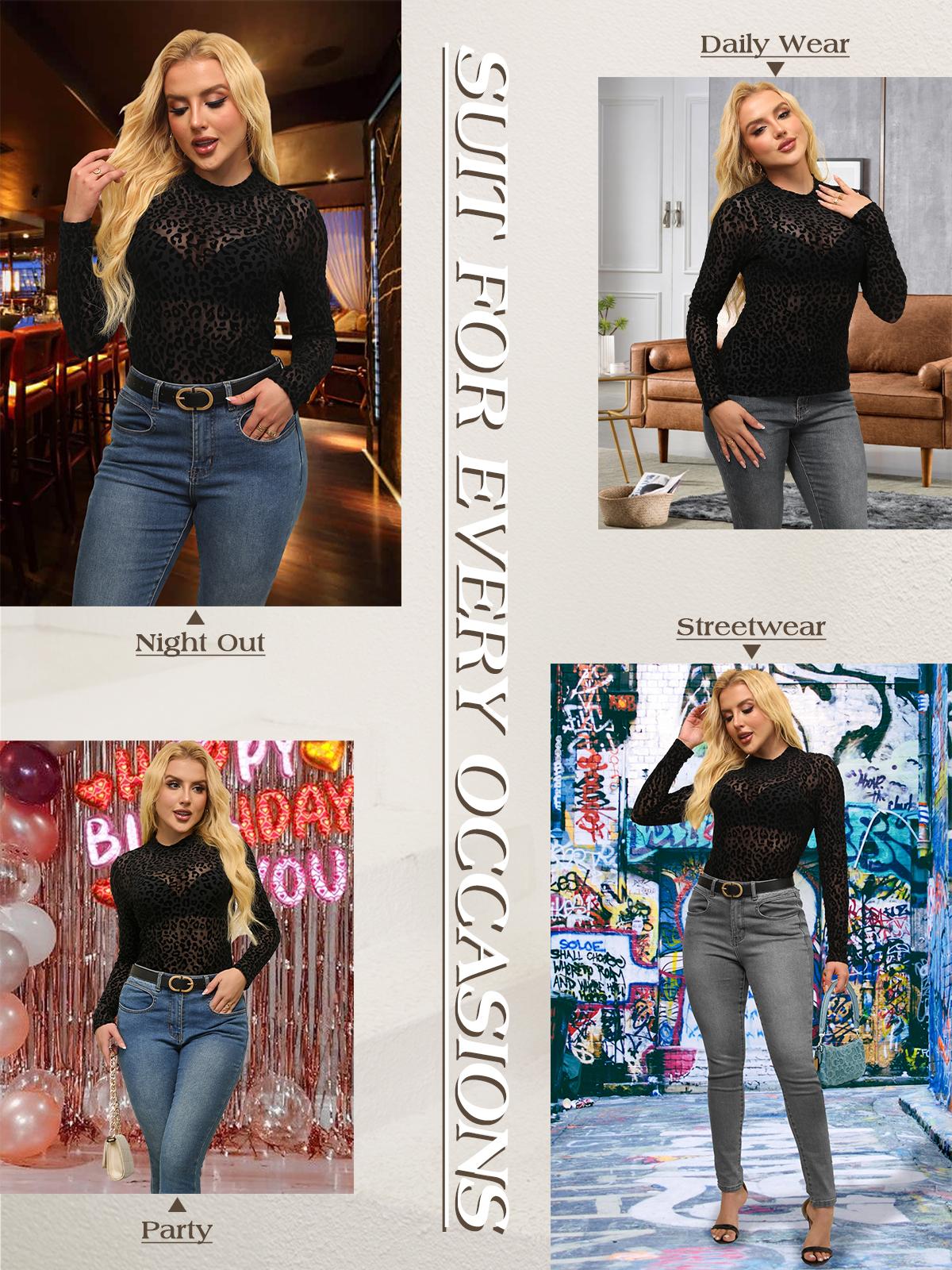 ChicovarFashion Womens Leopard Print Mock Neck Mesh Top, S-3XL,Sexy Sheer Tshirt, Non-itchy Lace Shirt, Elegant Long Sleeve Shirt for All Seasons, Ideal for Night Out, Holidays, Party, Concert SpringStatements