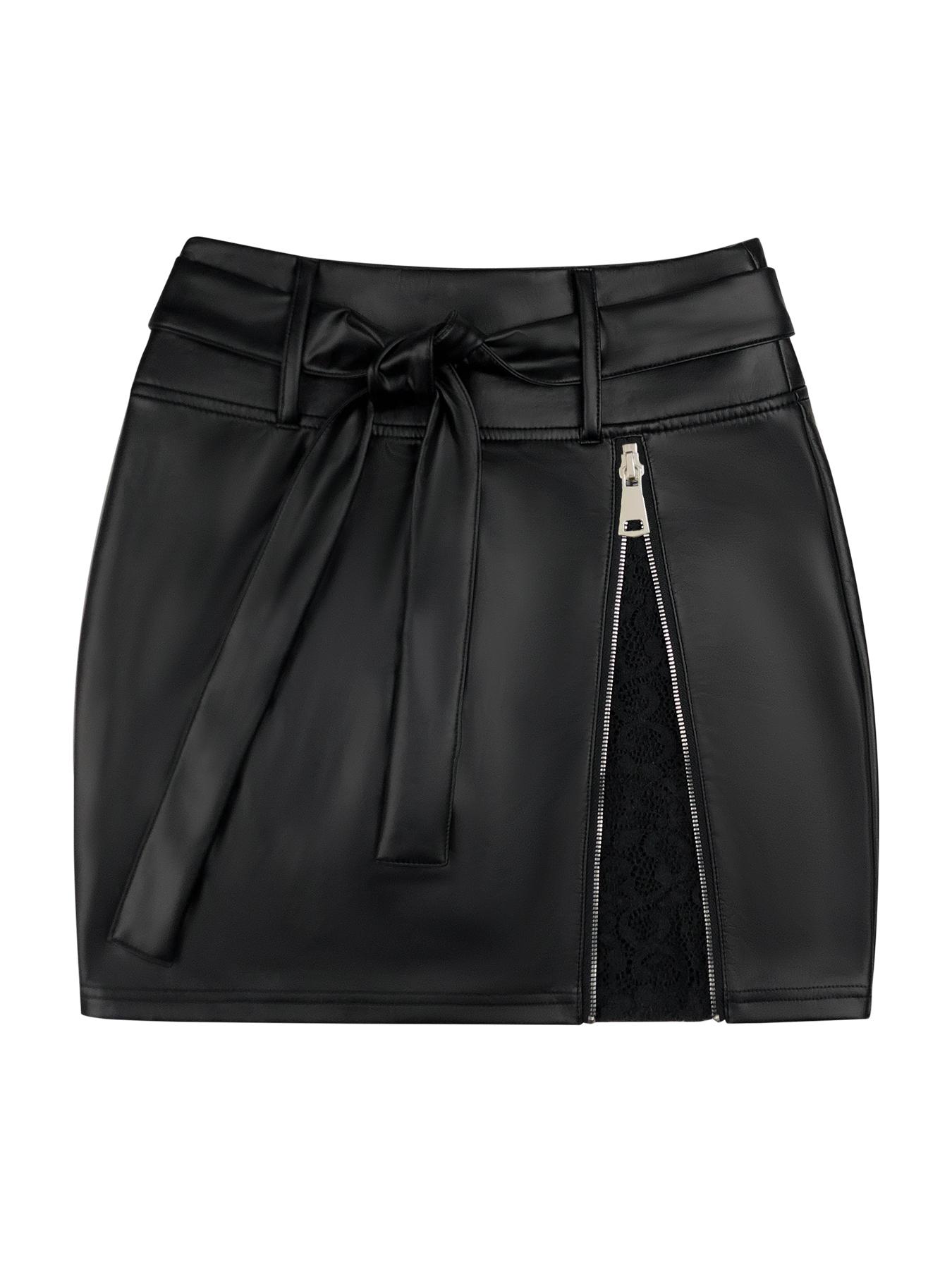 Aswulk Women's Solid Color Lace Patchwork PU Skirt with Zipper and Thin Fleece Inner Lining, Fashionable Bow Belt Mini Skirt for Daily Outdoor Wear, Ladies Bottoms for Spring & Fall & Winter Black Chic