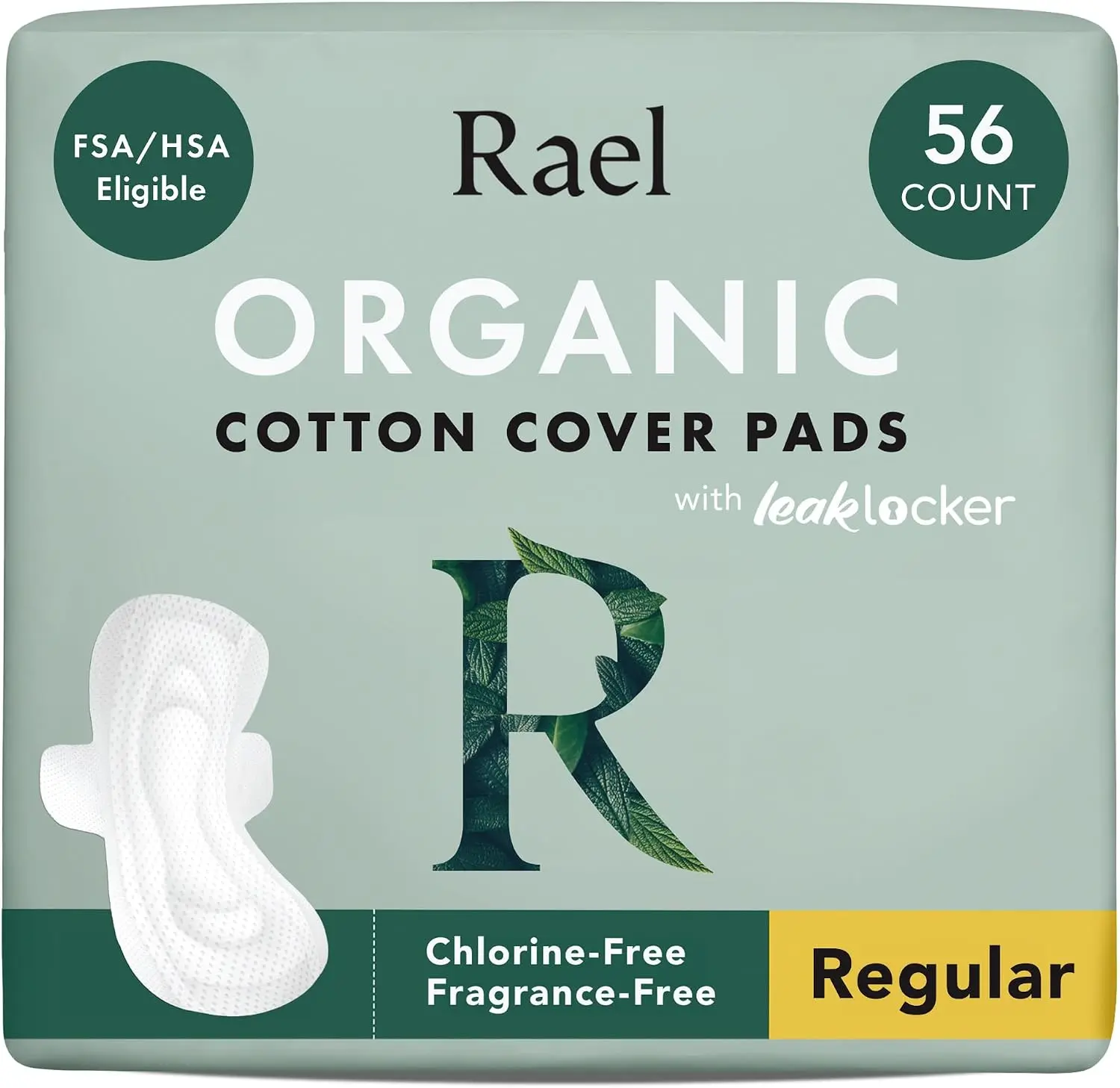 Rael Organic Cotton Disposable Daily Menstrual Pads with Wings, Regular Absorbency, Leak-Proof, Fragrance-Free for Sensitive Skin, Chlorine-Free, 56-Count Pack, 3-Year Shelf Life, Gentle