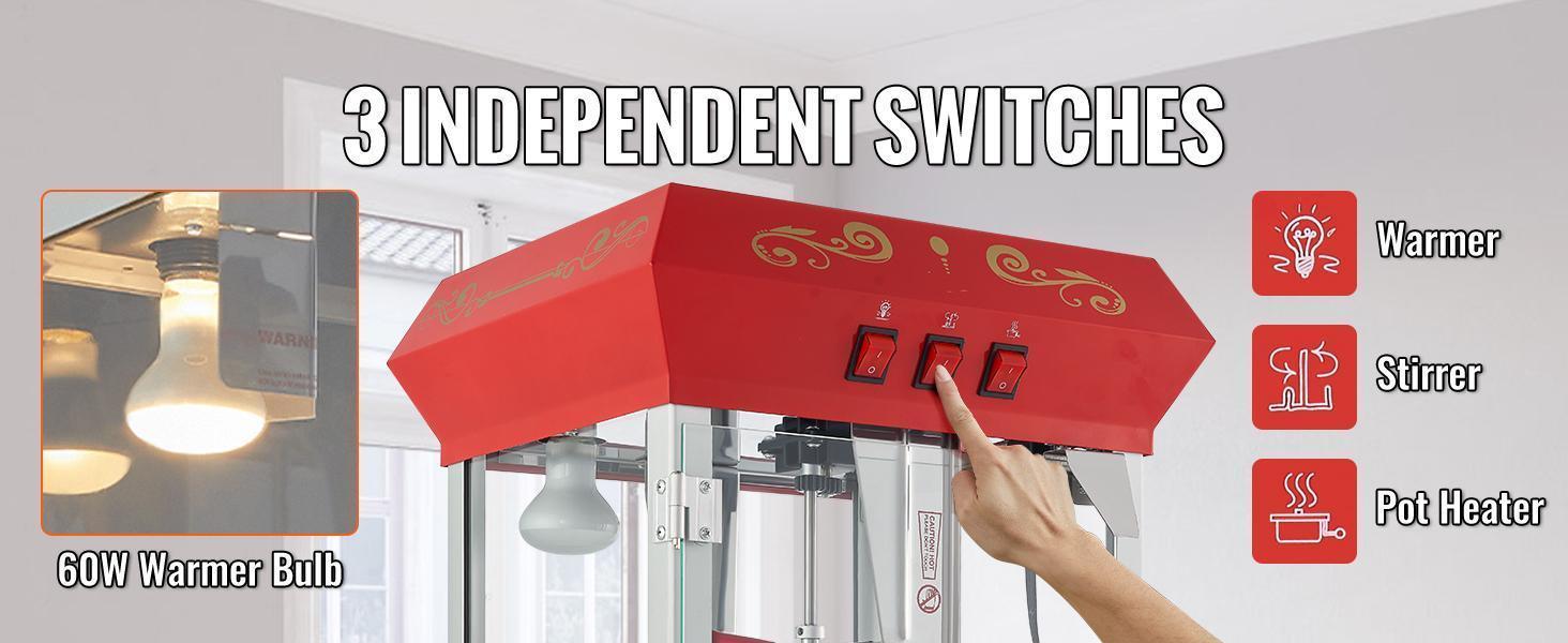 【Father's Day】VEVOR Commercial Popcorn Machine, 8 Oz Kettle, 850 W Countertop Popcorn Maker for 48 Cups per Batch, Theater Style Popper with 3-Switch Control Steel Frame Tempered Glass Doors 1 Scoop 2 Spoons, Red