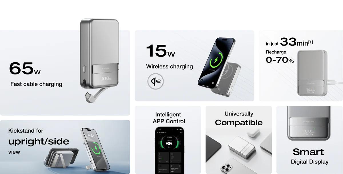 EF ECOFLOW Rapid Power Bank, 10000mAh Qi2 Certified Wireless Magnetic Portable Charger, 65W Max Fast Charging Battery Pack with Built-in USB-C Cable & Stand for iPhone17/16/15/14/13/12 Series Only EF ECOFLOW Rapid Power Bank, 10000mAh Qi2 Certified Wireless Magnetic Portable Charger, 65W Max Fast Charging Battery Pack with Built-in USB-C Cable & Stand for iPhone17/16/15/14/13/12 Series Only