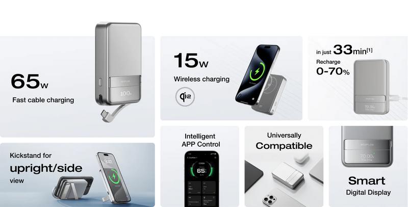 EF ECOFLOW Rapid Power Bank, 10000mAh Qi2 Certified Wireless Magnetic Portable Charger, 65W Max Fast Charging Battery Pack with Built-in USB-C Cable & Stand for iPhone17/16/15/14/13/12 Series Only