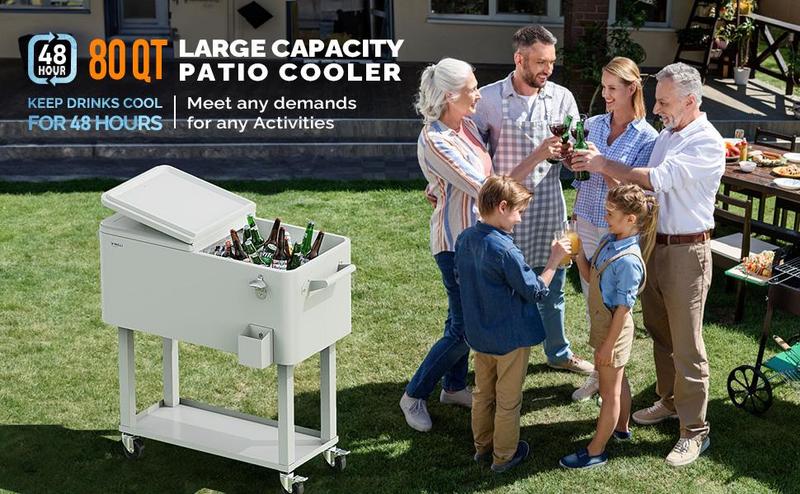 VINGLI 80 Quart Rolling Ice Chest on Wheels, Portable Patio Party Bar Drink Cooler Cart, with Shelf, Beverage Pool with Bottle Opener,Water Pipe