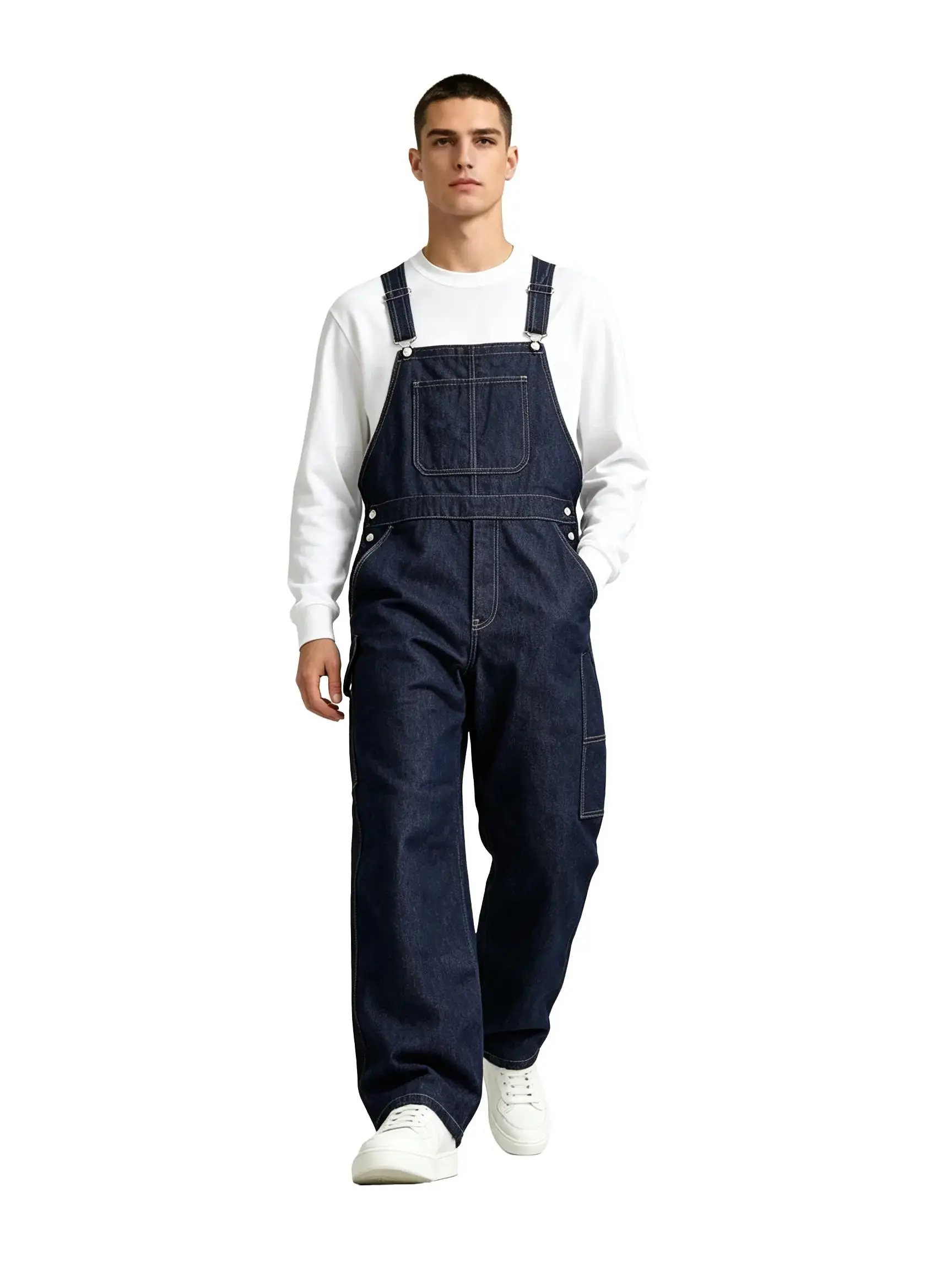 Men's Denim Bib Overalls, Vintage Baggy Streetwear Jumpsuit with Pockets, Heavy-Duty Workwear with Adjustable Buckle Straps, Fashion, Menswear, Outdoor, Straight, Utility, Long, Plain, All-Seasons, Fabric, Classic, Loose, Casual Soft Jean, Heavy-Denim