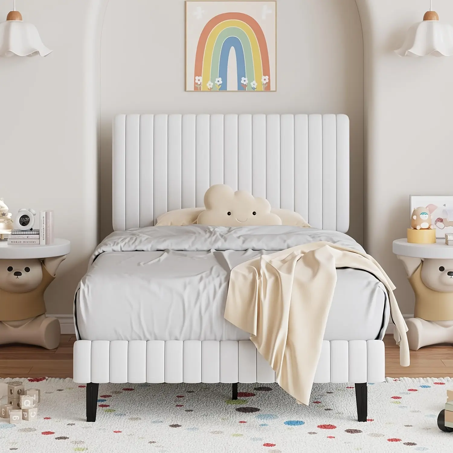 [SummerWins] HOMBCK Twin Full Queen King Size Bed Frame, Velvet Upholstered Platform Bed With Vertical Channel Tufted Headboard And Footboard, No Box Spring Required, Easy Assembly, White summer garden,fathers day gift ideas#home essentials#back to school