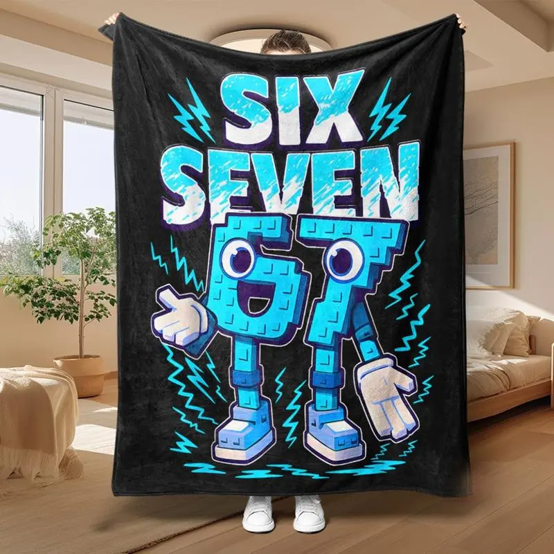Flannel Cotton "67" Robot Style Color-Block Blue-Black Bed Warmer Blanket, Wrinkle Resistant, Lightweight Warm, Chemical Free, Machine Washable, Multi-Size, for Sofa Bed Travel Camping, Perfect Gift, 67‑Number Statement