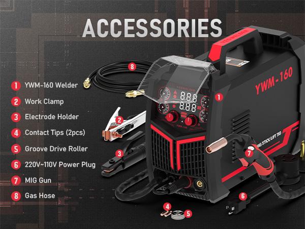 YESWELDER YWM-160 Gas Gasless MIG Welder 160Amp | 110/220V Dual Volts, Smart MIG, Digital Display | Gas/Flux Core/Lift TIG/Stick 4-in-1 Welding Machine