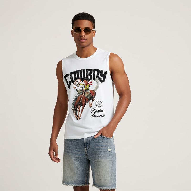 Sopula Studio Men's Cowboy Rodeo Dreams Print Graphic Tank Top Sleeveless Casual Crewneck Workout Tanktop Horse
