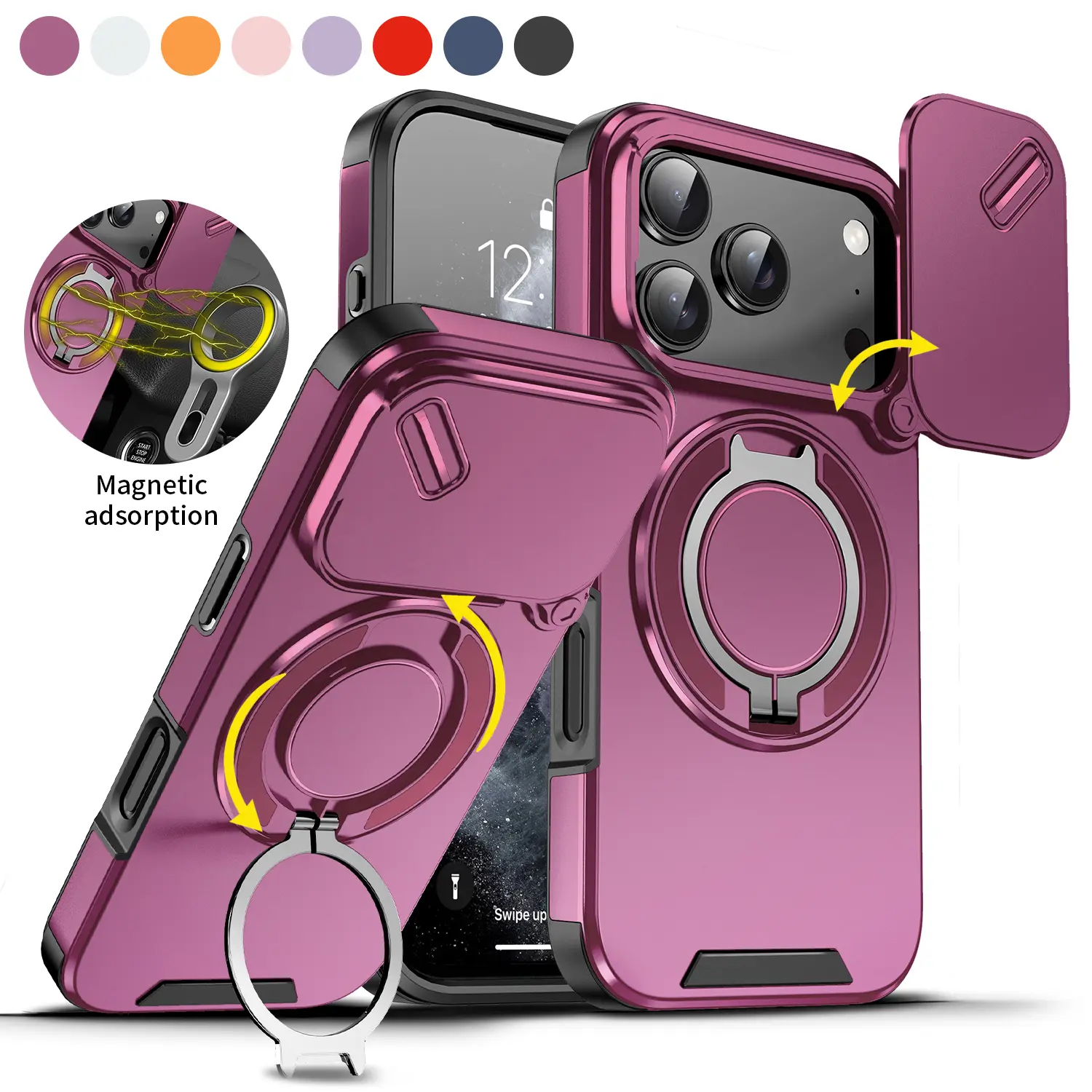 OREKROY Strong Magnetic MagSafe Case with Sliding Camera Cover for iPhone 18 Pro Max/17 Pro Max/ 18 Pro 17 16/15/14/13/12 Series, Military-Grade Shockproof Anti-Drop Phone Cover with Camera Protection and 360° Rotating Ring Kickstand