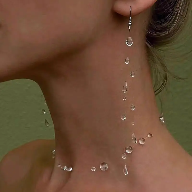 Women's Dew-Inspired Costume Jewelry Set - Transparent Resin Floating Drops Earrings, Lightweight Fit Choker Necklace, Translucent Water Droplet Accessories
