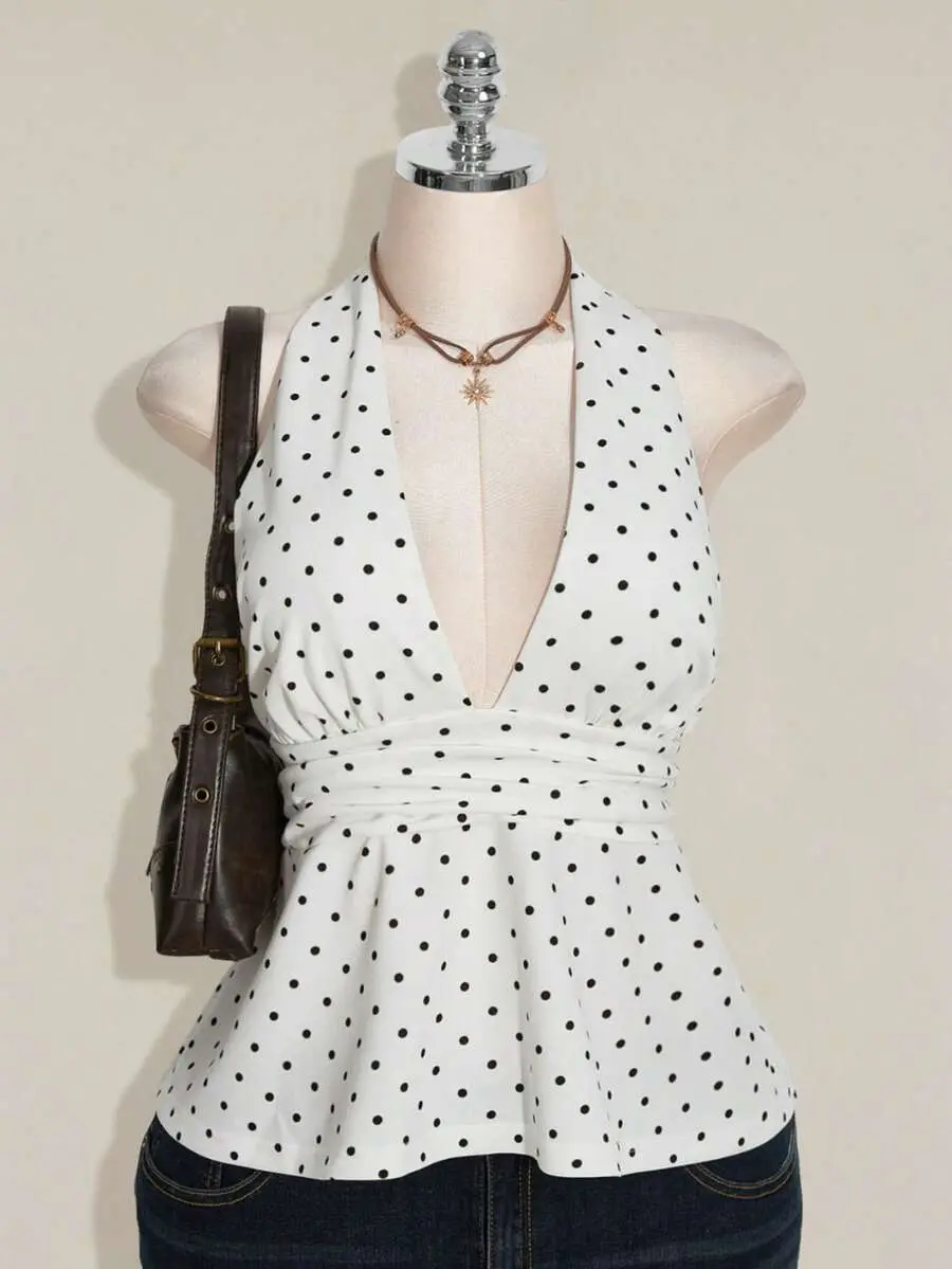 Plus Size Halter Deep V-Neck Ruched A-Line Backless Polka Dot Camisole, Vintage Y2K Babydoll Top White Dots Polkadot