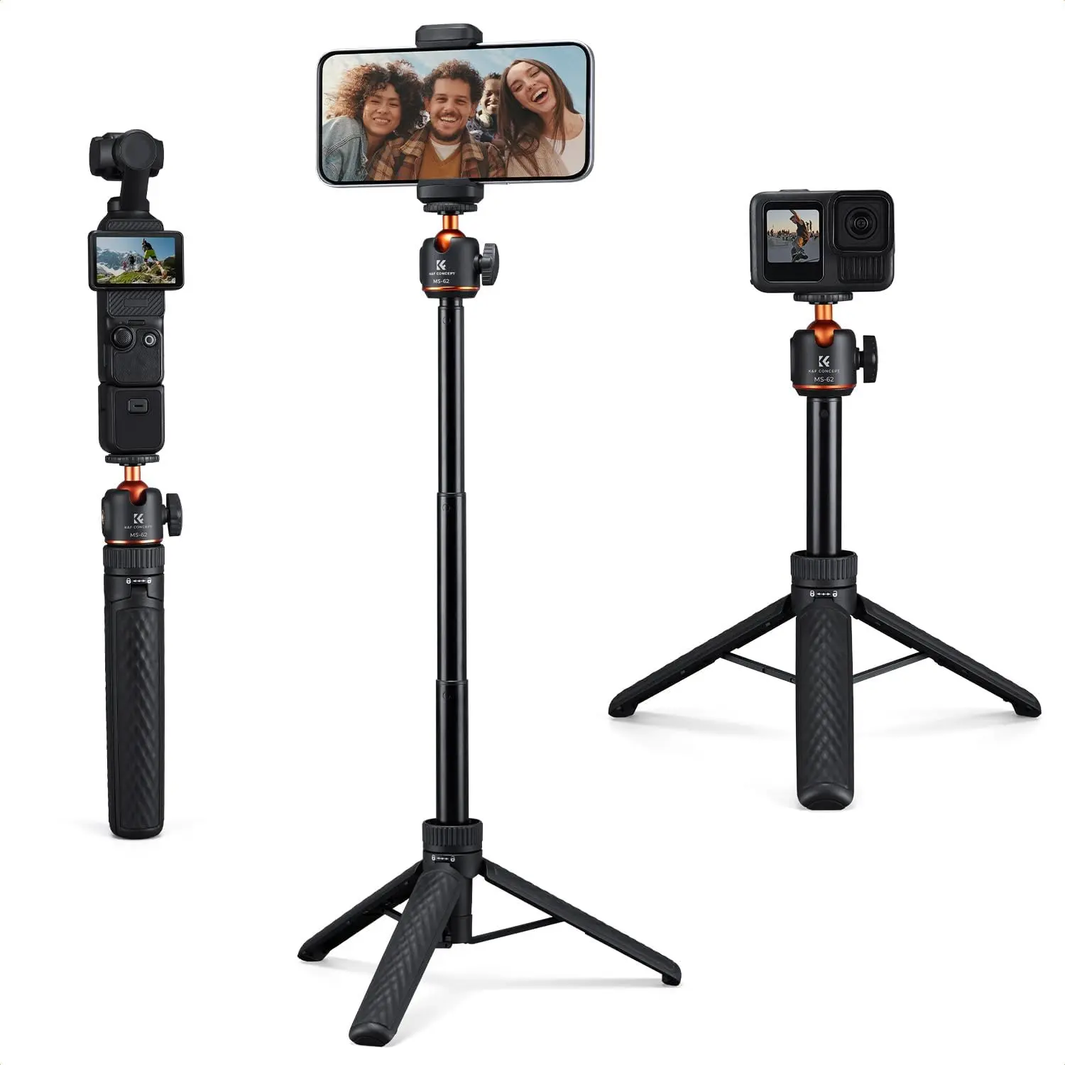 K&F CONCEPT 25.6'' Adjustable Mini Selfie Stick Tripod Stand with 5-Level 360° Ball Head, Cold Shoe & Silicone Storage - Cellphone Accessories for DJI Osmo Pocket 3, Action 5 Pro, GoPro Hero13