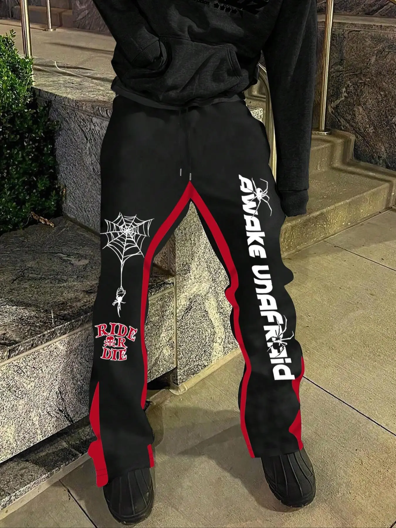 Men's Halloween Letter & Spider Web Print Drawstring Waist Flare Leg Sweatpants, Chic Comfy Pants, Streetwear, Casual Comfy Pocket Design Bell Bottom Trousers for Daily Wear, Athleisure Track Pants