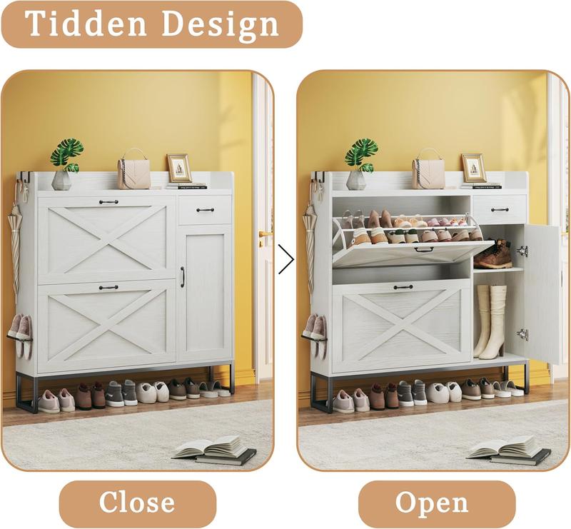 Shoe Cabinet with 2 Flip Drawers & Side Cabinet, Shoes Cabinet with Adjustable Shelves, Shoe Storage Cabinet with Drawer & Mounted Shoe Rack for Entryway, Hallway, Shoe Organizer Cabinet, White