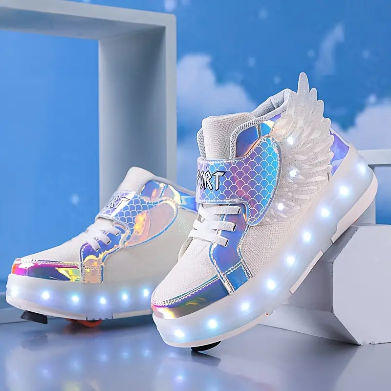 2026 New Rampage LED Roller Sneakers Light Up Four-Wheel Skates with Winged Laces Brakes for Boys Girls Children Teens Students Fashion Outdoor Sports Shoes