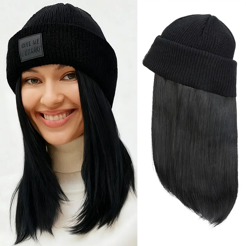 MY-LADY Women's Knitted Hat Wig with Synthetic Straight Soft Hair, 11/18 in Length, Warm Comfortable Cap, Natural Look, Quick Styling Synthetic Full Machine Wig (Fashion Accessory Hair Extension), Synthetic Soft Hair campingessentials Synthetic Soft Wigs