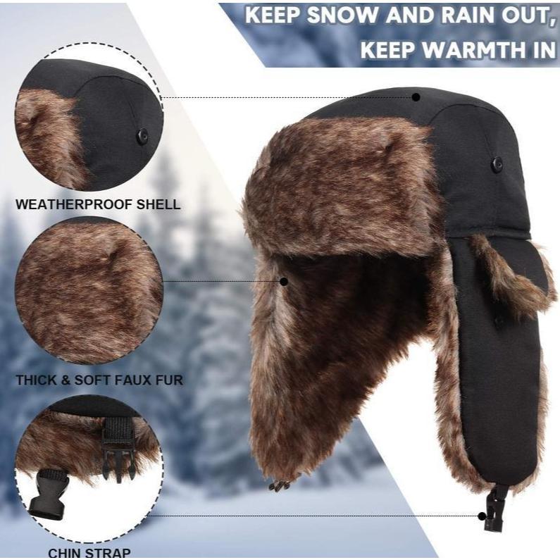 Faux Fur Reflective Aviator Trapper Hat - Warm Windproof Winter Cap | Cold Weather Outdoor Snow Activity Essential