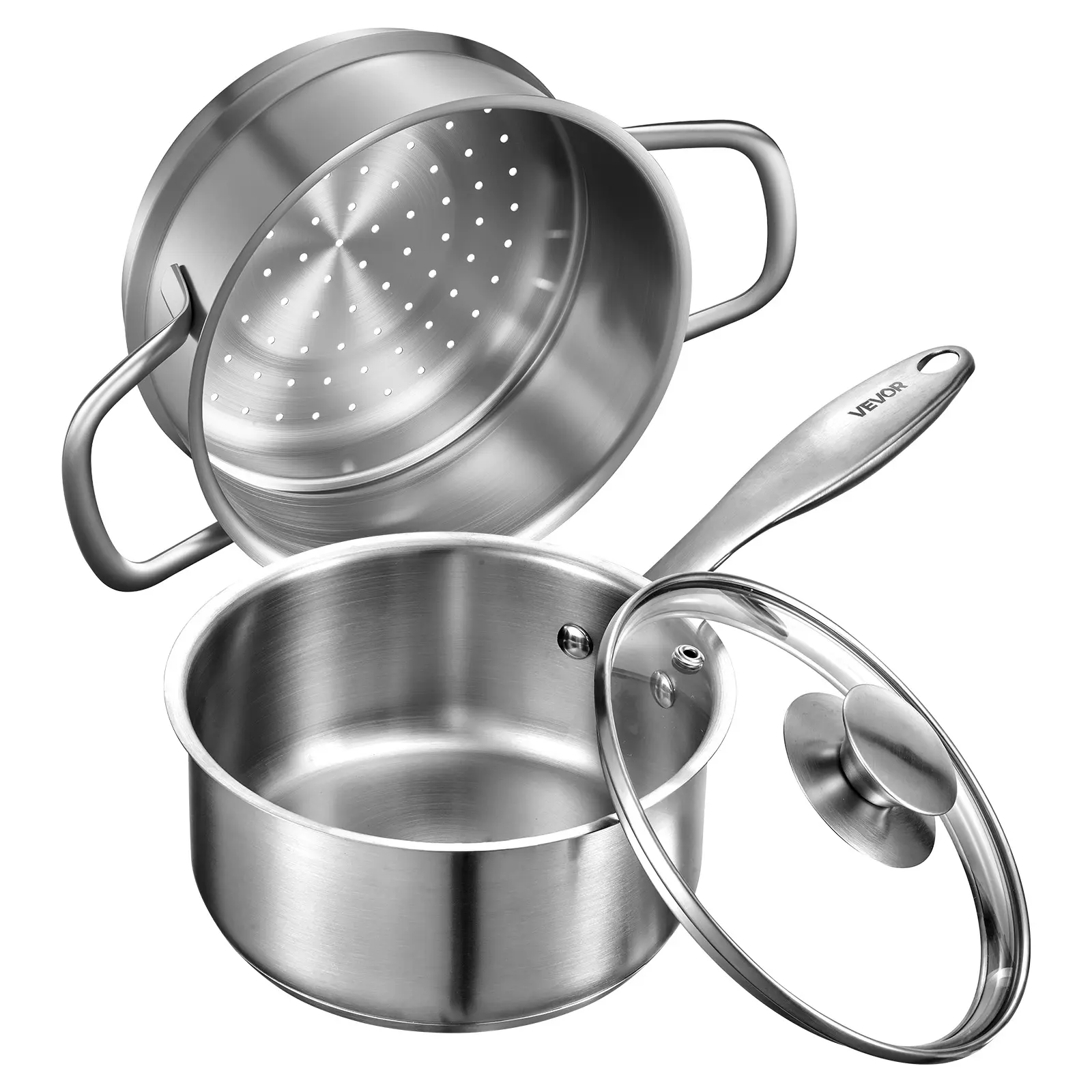 【Summerfinds】VEVOR 1.5 QT 3-Layer Stainless Steel Saucepan with Nonstick Steamer, Smooth Finish, Ergo Handle, Glass Lid, Oven-Dishwasher-Induction Friendly for Cooking Sauces, Steaming Veggies (1,000-2,000 ml Capacity, Yes to Versatile Use)