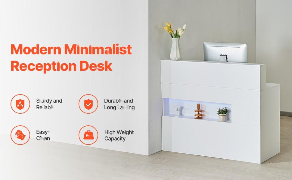 47-Inch Rectangular Reception Desk With LED Lighting, Front Counter Table, Office Welcome Desk With Two Drawers, Built-In Power Outlets And Cable Management, Ideal For Checkout, Lobby, Beauty Salon, Clinic Or Office, White