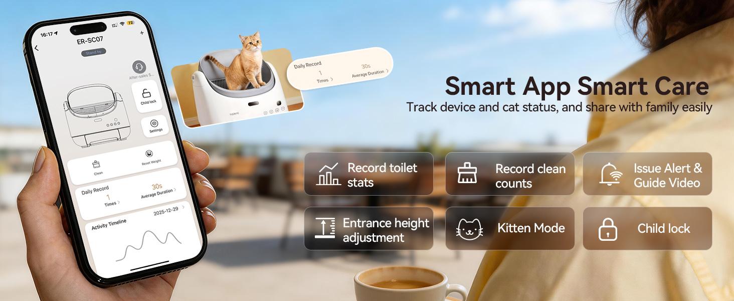 (SC07)Thereye Automatic Litter Box, Self Cleaning Litter Box for Multiple Cats, APP Control and Safety Sensors, Odor Control, Open-Top Smart Cat Litter Box with Trash Bags/Litter Mat