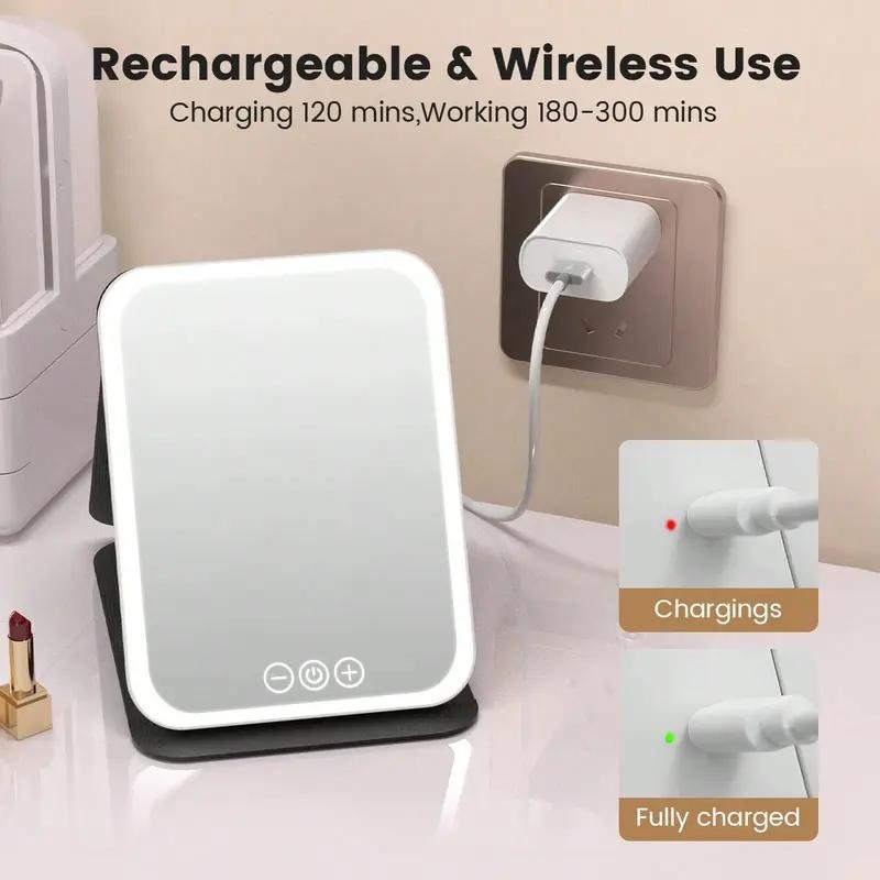 Makeup Mirror with Lights, USB Rechargeable Vanity Mirror with Stand, 3 Color LED Lighting Dimmable Brightness Adjustable Angle Compact Mirror, Foldable Cosmetic Mirror, Portable Travel Makeup Mirror, Birthday Anniversary Gift for Women