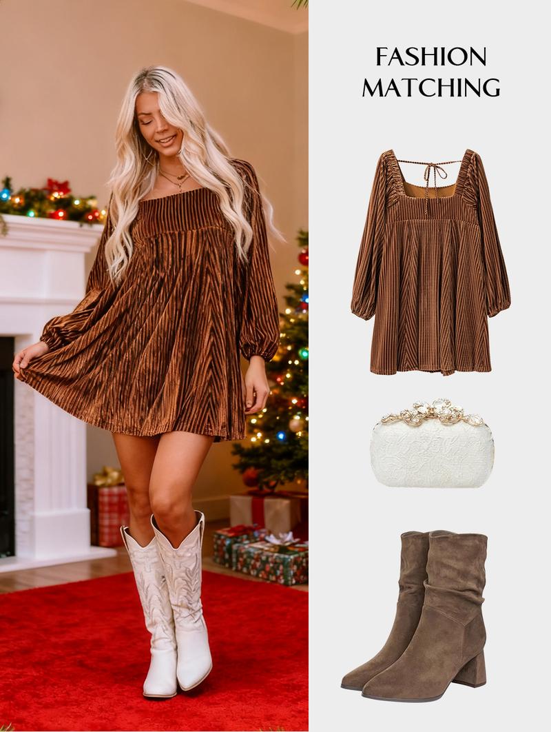 Asvivid Women's Tie Back Square Neck Velvet Babydoll Dress with Pockets for Spring Fall Fashion Long Sleeve Sweet Holiday Dresses Longsleeves Lady Womenswear Casual Wear Asvivid Women's Tie Back Square Neck Velvet Babydoll Dress with Pockets for Spring Fall Fashion Long Sleeve Sweet Holiday Dresses Longsleeves Lady Womenswear Casual Wear