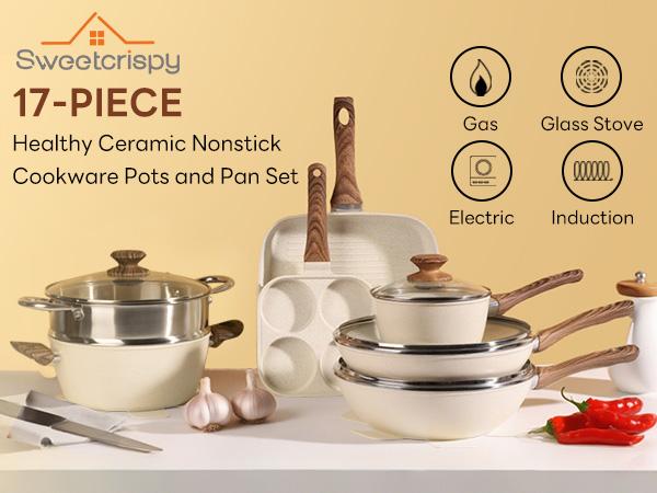 17 Pcs Nonstick Pots and Pans, Non-toxic Kitchen Cooking Set with Stay-Cool Handles