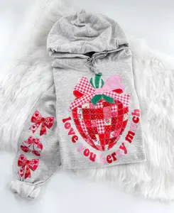 Love you Berry Much Strawberry Cherry Bow Patchwork Sweatshirt or Hoodie with Sleeve Prints Comfy Unisex Tops Oversized Cotton/Poly Blend Soft Fabric Pullover for Man