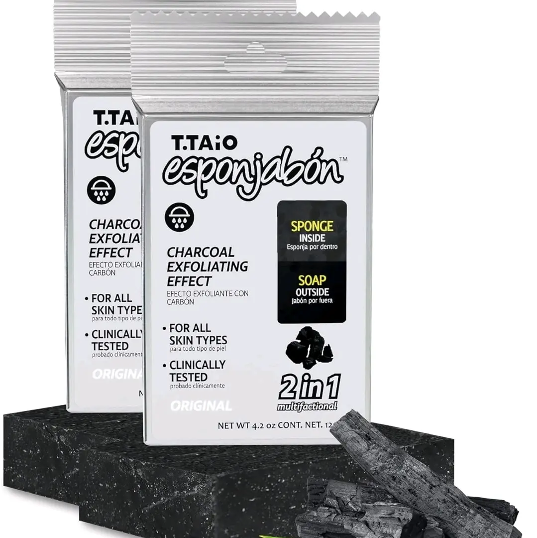 T.Taio Charcoal Esponjabon Soap Sponge - Exfoliating Shower Bath Scrubber - Oil Removal, Massage, Lathering for Face, Elbows, Ft - Beauty & Personal Care Bathing Accessory