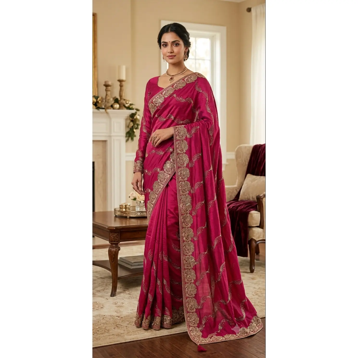 Satin Chiffon Embroidered Pre-Pleated Saree with Stitched Blouse