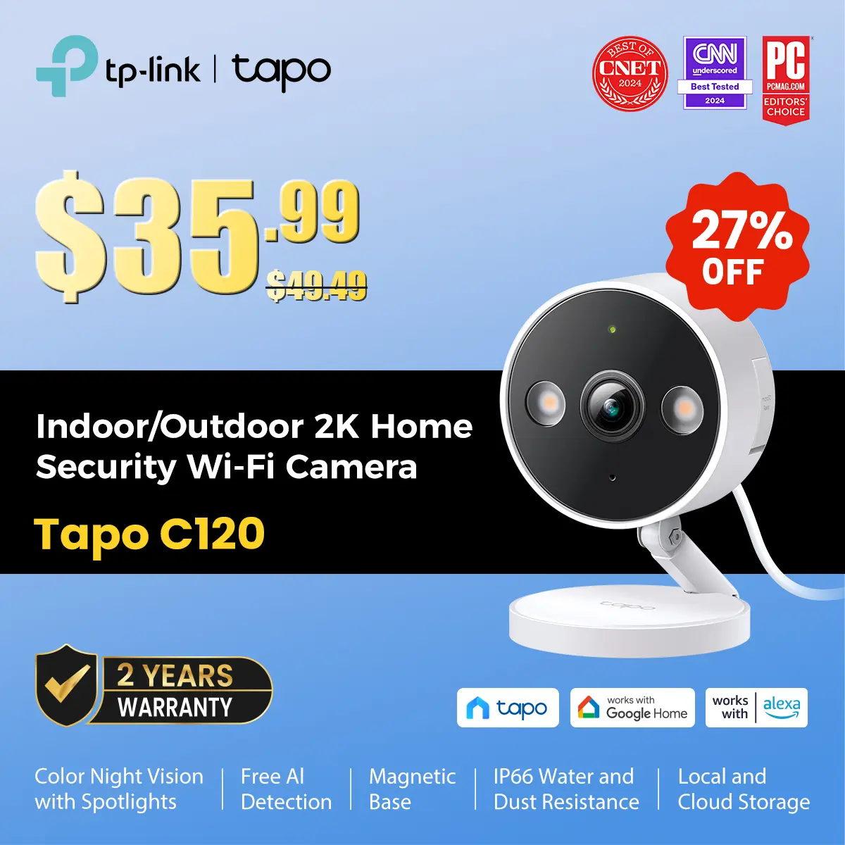 TP-Link & Tapo C120 - 2K QHD Indoor/Outdoor Security Camera with Color Night Vision, Free AI Detection, Baby Monitor, IP66, Dual Spotlights, Local/Cloud Storage,back to school,back to school haul