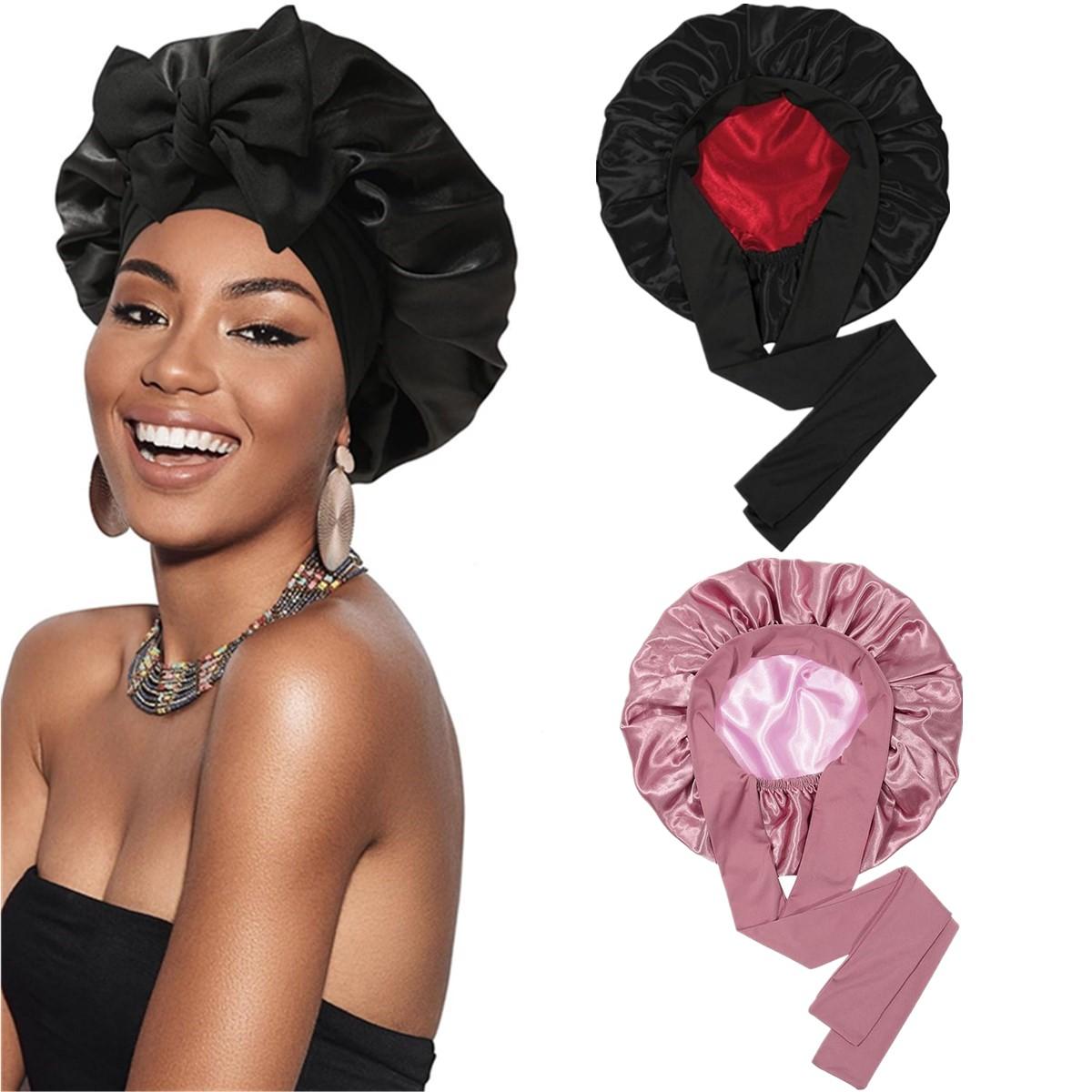 Double Layer Satin Bonnet Silk Like Texture for Sleeping Sleep Cap Hat Hair Bonnets with Elastic Tie Band for Curly Hair Nightcap Gifts for Women