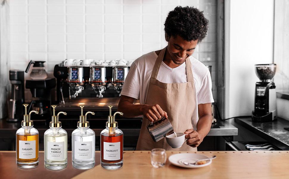 4 Pack Coffee Syrup Dispenser Glass Bottles with Pump 16.9oz Clear Glass Bottles with Pump Coffee Bar Accessories Clear Glass Soap Dispenser Set with Labels Silicone Funnel Whiteboard Marker Leak Proof Easy to Clean Home Goods - Smooth