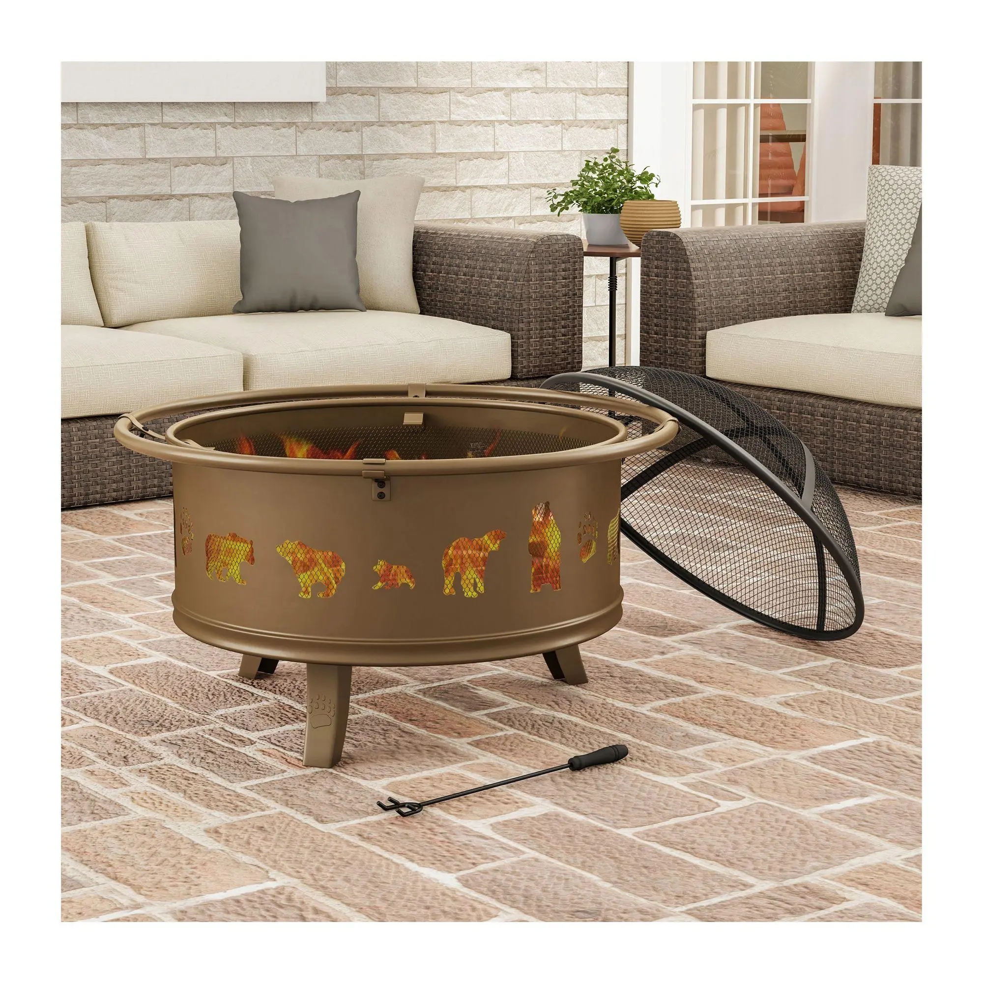 32" Outdoor Deep Fire Pit with Bear Cutouts