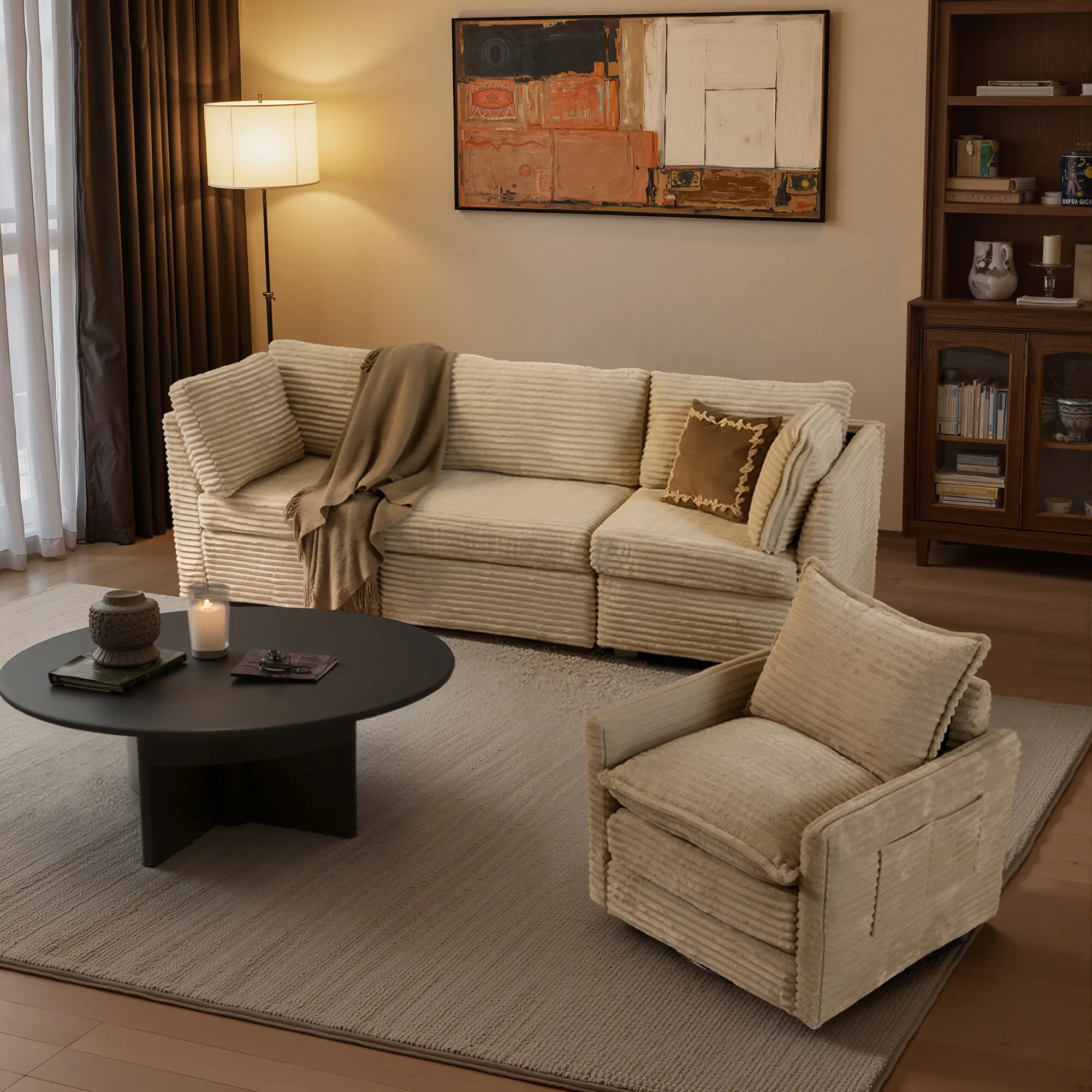 ALLWEX 4-Piece Corduroy Modular Sectional Sofa Set with Swivel Chair & Ottoman, Includes Middle and Corner Seats, Customizable Layouts with Hidden Connectors, Modern Upholstered Living Room Furniture