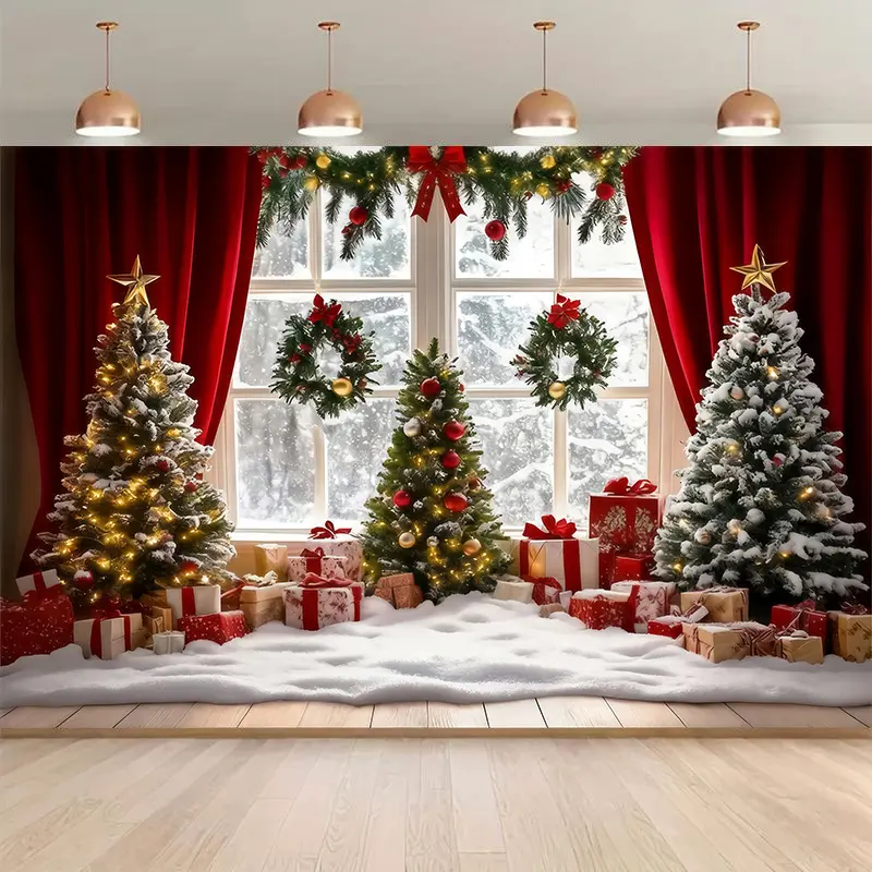 Christmas Window Snow Scene Polyester Backdrop Banner - Easy-Install, Lightweight, Vibrant Decoration for Home Festive Supply, Housewarming, Photo & Business Events, Geometric Letters Accent Multipurpose Home Festive Backdrop
