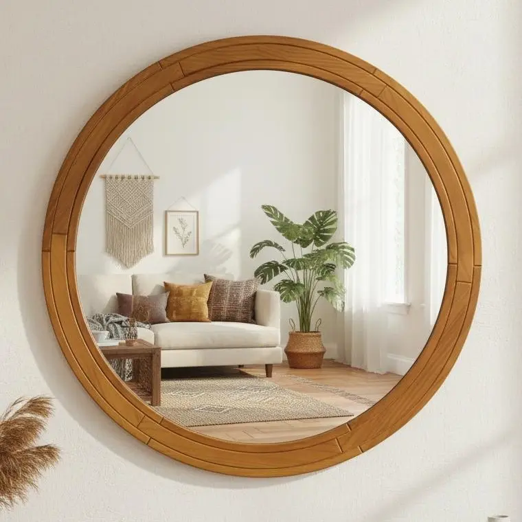 30''x30'' Modern Wood Round Flat Mirror - Rustproof, Without Box, Without Light - Elegant Design for Bathrooms, Bedroom - Natural Warmth, Contemporary Look
