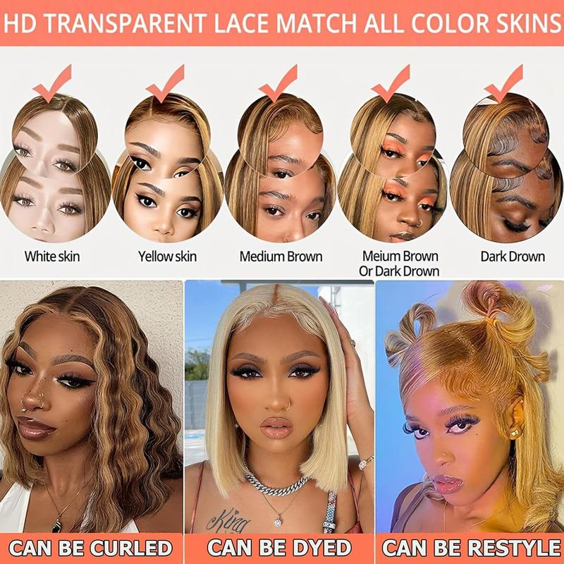Hihmarm Ombre 4/27 Bob Wig Human Hair Highlight Honey Blonde Lace Frontal Bob Wigs 13x4 Straight Transparent Lace Front Wig Short Wig Human Hair Pre Plucked 14 Inch