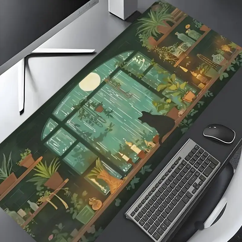 Whimsical Greenhouse Cat Plant Design Large Gaming Mouse Pad,Aesthetic Desktop Decoration Pad,Washable Rubber Pad Non-Slip Lock Edge Multi-Size Mouse Pad Suitable For Home Office,Good Gift for Family and Friends, Computer Desk Accessories