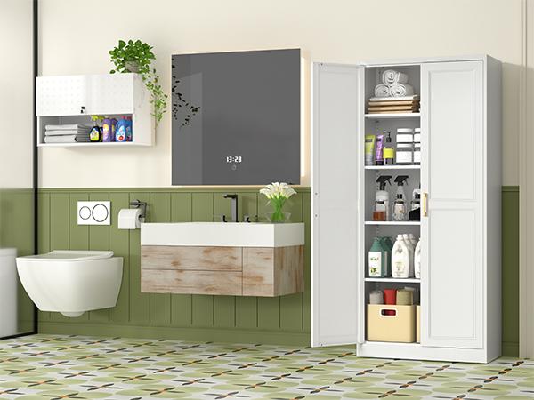 71 Inch Farmhouse Metal Pantry Cabinet, Tall Storage Cabinet with Doors and Adjustable Shelves for Kitchen/Dining/Living Room, Tall Freestanding Storage Cabinet for Garage/Laundry Room/Bathroom, White/Black