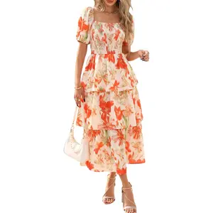 Womens Square Neck Smocked Dress Summer Puff Short Sleeve Floral Casual Ruffle Tiered Maxi Wedding Guest Dresses