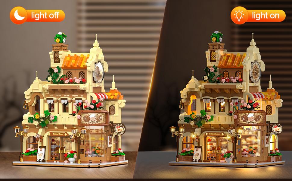 City Bakery Cafe House Building Set with Light, 1289 PCS Baking Shop Toy for Ages 8-12+ - Includes Coffee Cake, Soft Bread, and Light Sets Adjustable