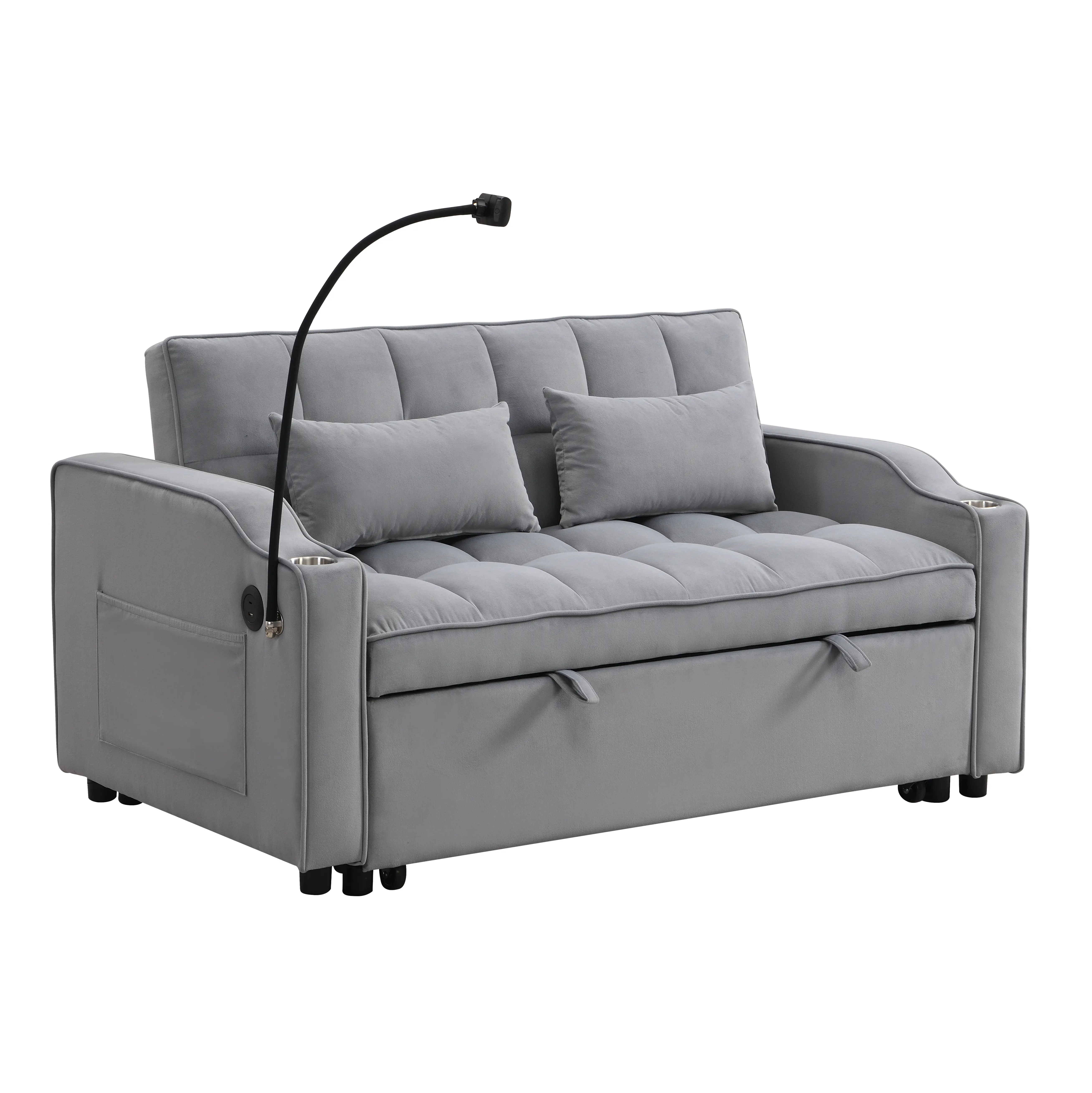 []  Mother's Day Gift】Modern Velvet Loveseat Futon Sofa Couch w/Pullout Bed,Small Love Seat Lounge Sofa with adjustable Reclining Backrest,Toss Pillows, Pockets,Furniture for Living Room,3 in 1 Convertible Sleeper Sofa Bed