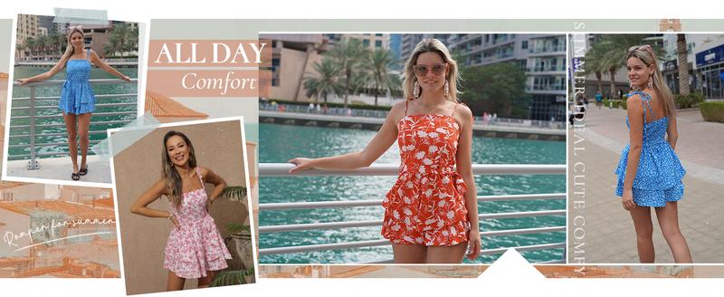 Women's All Over Print Tie Shoulder Rompers, Boho Sleeveless Spaghetti Strap Tie Wide Leg Short Romper, Holiday Vacation Beach Summer Clothes, Ladies Clothes for Daily Wear, Womenswear