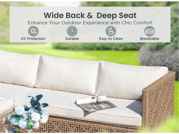 PHI VILLA Outdoor Wicker Patio Conversation Furniture Set with Acacia Wood Coffee Table Includes Patio Table and Storage Sofa Lounge Classic Durable Rattan Style, Christmas Gift