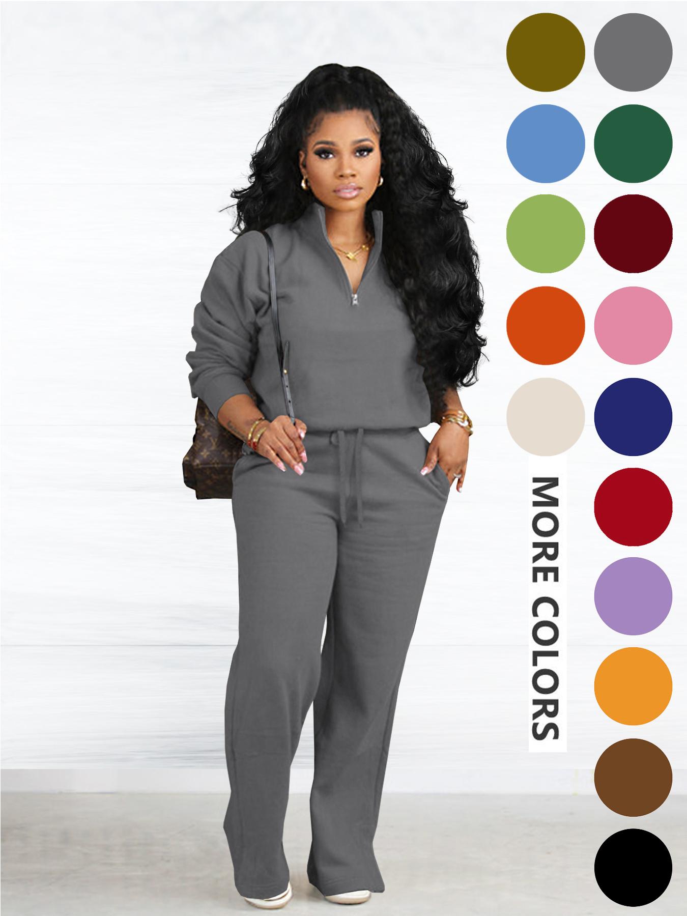 Women's Two-piece Set Solid Zip Up Funnel Neck Sweatshirt & Drawstring Waist Pants Casual Fall Winter Workout Sets Cozy Drop Shoulder Long Sleeve Top Pocket Trousers for Daily Outdoor Wear