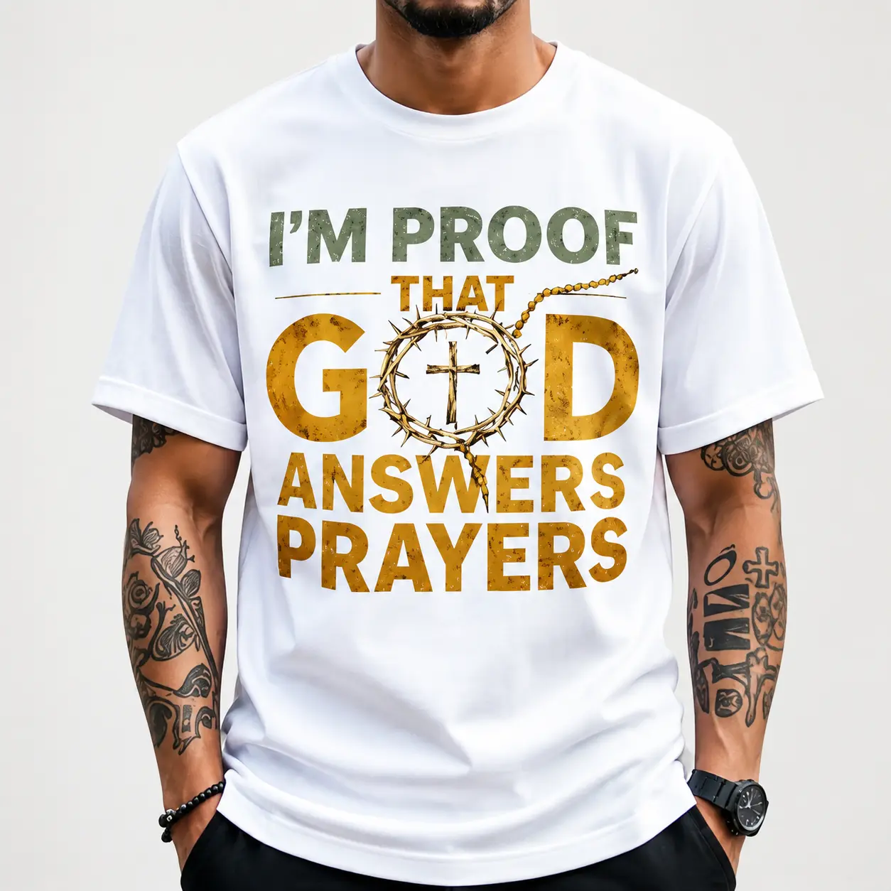 Men's Christian T-Shirt "I Am the Proof of God's Response to Prayer" with Golden Crown Cross & Lettering - Ultra-Soft Breathable Fabric Suitable for Church, Easter, Christmas - White & Black Crew Neck Short Sleeve, Unisex (Machine Washable) Religious
