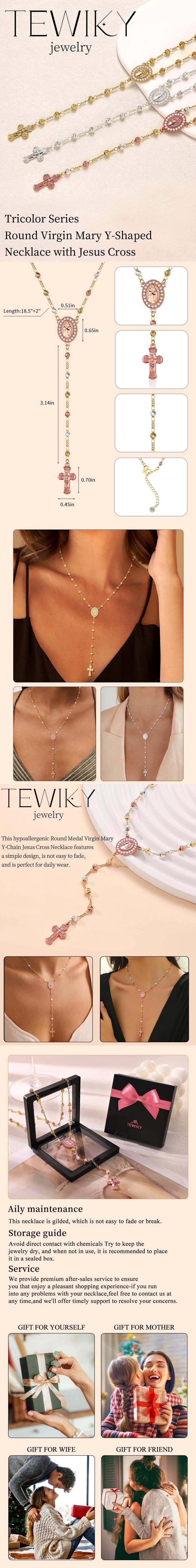 Tewiky Gold 4mm Copper Beads Rose Necklace for Women Gold Zircon Round Pendant Virgin Mary Y-Chain Rose Gold Jesus Cross Fashion Jewelry Set For Valentine's Day Gift