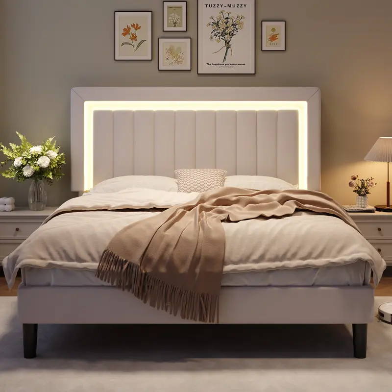 HOOMIC LED Velvet Bed Frame with Adjustable Channel Tufted Headboard, Full & Queen & King Sizes,Sturdy Wood Slat Support , No Box Spring Needed, Pink/White/Black