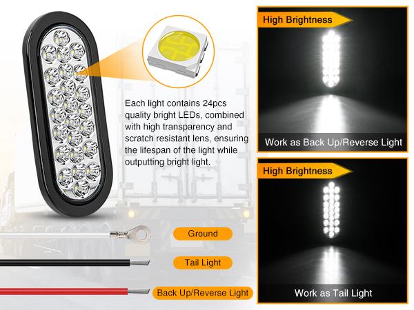 Nilight 6Inch Oval Trailer Tail Light 2PCS White 24LED Back Up Reverse Light w/Flush Mount Grommets Plugs IP67 Waterproof for 12V Truck ATV UTV Trailer Bus RV Camper